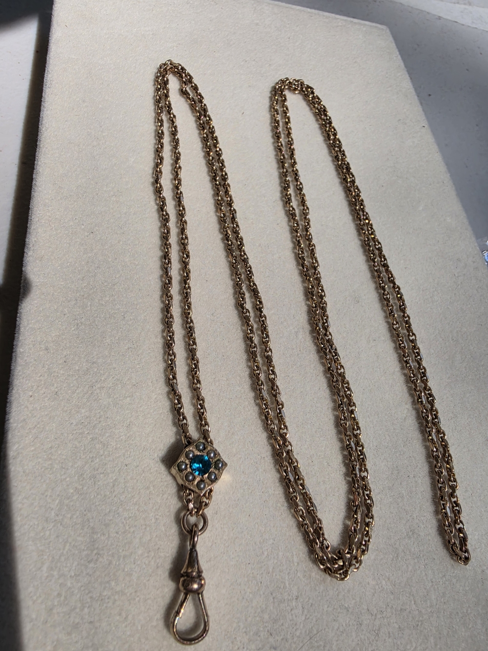 Antique Gold-Tone Watch Chain with Genuine Seed Pearls & Blue Paste Glass - Picture 5 of 12